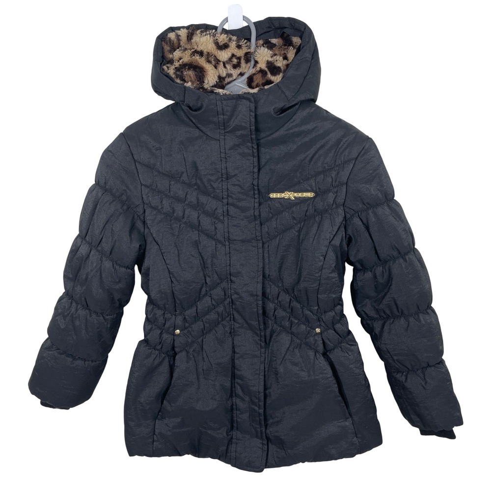 Zero Xposur Girls Black Puffer Jacket Hooded Leopard Trim Coat - S